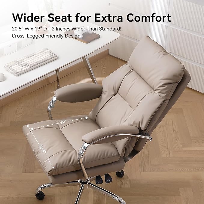 LEAGOO Heated Massage Office Chair with Foot Rest, Reclining Ergonomic Executive Office Chair with Massager for Lower Back, High Back PU Leather Comfy Heated Computer Desk Chair with Wheels, Khaki