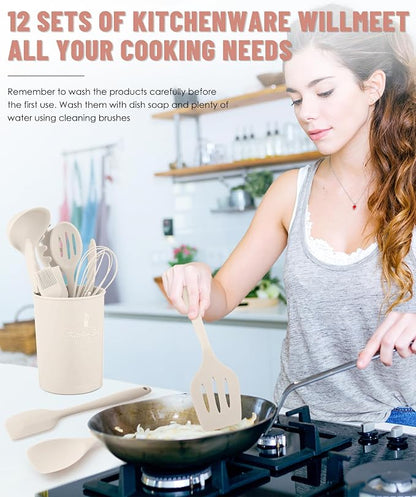Kitchen Utensils Set-12 Pieces Silicone Cooking Utensils Set (Dishwasher Safe) 392°F Heat Resistant Spatula Set, Nonstick Cookware