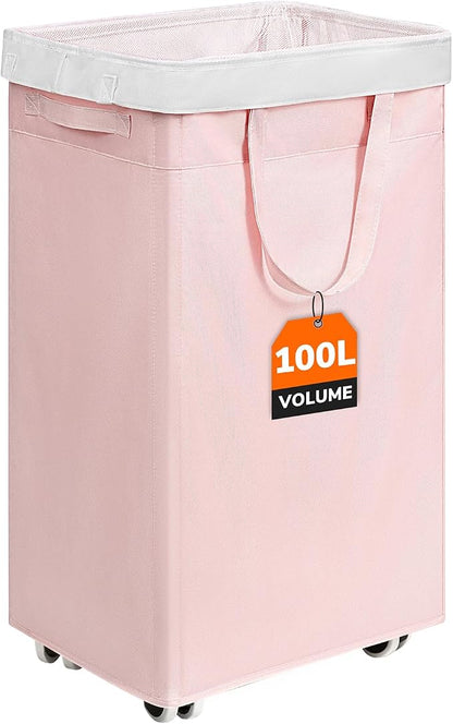 CHICVITA 100L Slim Laundry Hamper with Wheels, Collapsible Rolling Laundry Basket for Living Room, Pink Laundry Hamper for College Dorm