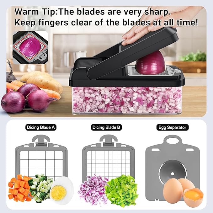 SpaceHacks 15-in-1 Vegetable Chopper, Kitchen Gadgets with 10 Blades, Veggie, Food, Onion Chopper, Cucumber Slicer, Versatile Mandoline, Includes Egg Separator & Finger Guard, Gray