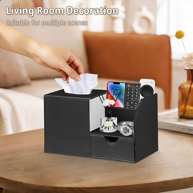 PUSU Square Tissue Box Cover with Storage Drawer, PU Leather Facial Tissues Cube Boxes Holder, Modern Makeup Remote Control Holder, Nightstand Organizer Caddy for Bathroom Vanity, Office, Home Decor