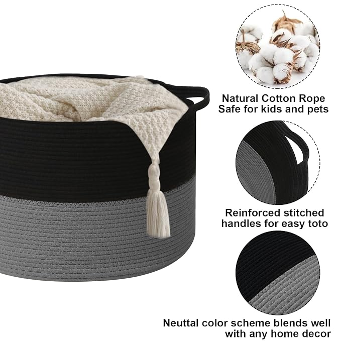 65L Large Blanket Basket,Woven Rope Laundry Basket Hamper with Handles,Decorative Nursery Basket Storage Bin for Toys, Pillows,Clothes Organizer, Living Room,Bedroom,Bathroom,Black&Dark Grey