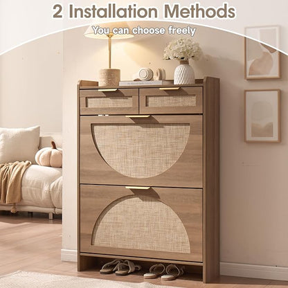 Rattan Shoe Storage Cabinet with 2 Flip Drawers & 2 Drawers, Freestanding Organizer for Front Door Entrance, Hidden Narrow Shoe Rack Cabinet Storage for Entryway, Rustic Oak Rattan