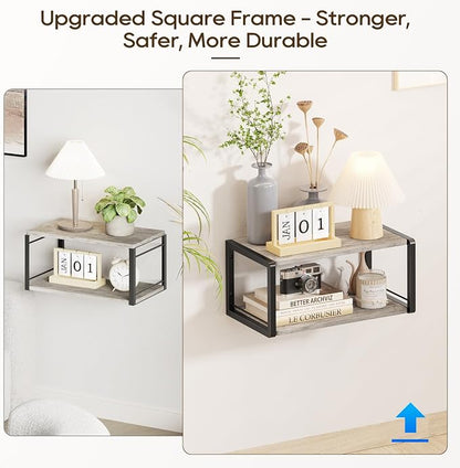 Floating Nightstand Set of 2, Wood Bedside Shelf Wall Mounted Nightstand with Heavy-Duty Frame, Floating Bedside Table for Bedroom, Bathroom, Kitchen, (Vintage Grey, 2 Pack)