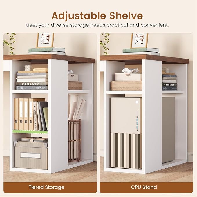 SEDETA 55.1" Farmhouse Office Desk with 3 Drawers, Executive Desk with File Drawer & Storage Shelves, Computer Desk with Power Outlet for Home Office, White and Brown