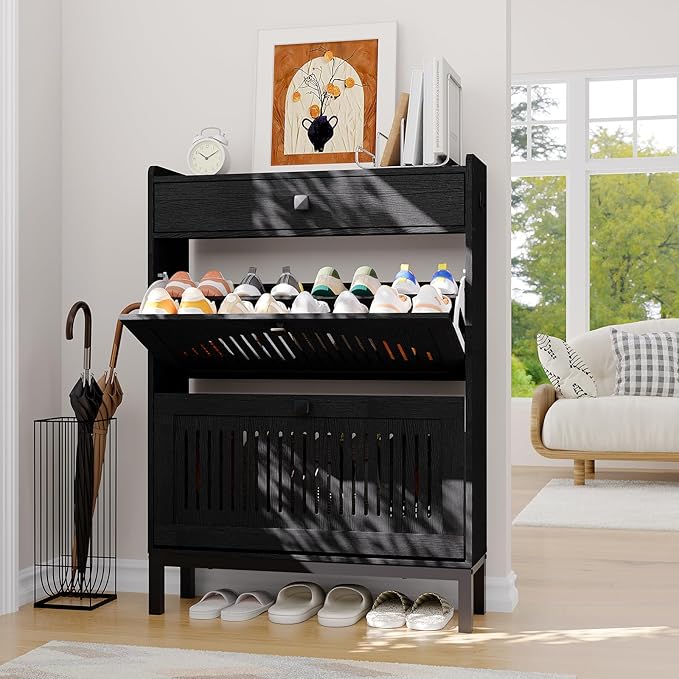 Garvee 2 Flip Drawer Shoe Cabinet with Adjustable Shelves, Hidden Shoe Organizer with Top Drawer, Freestanding Wooden Shoe Rack for Entryway, Hallway, Living Room, Black