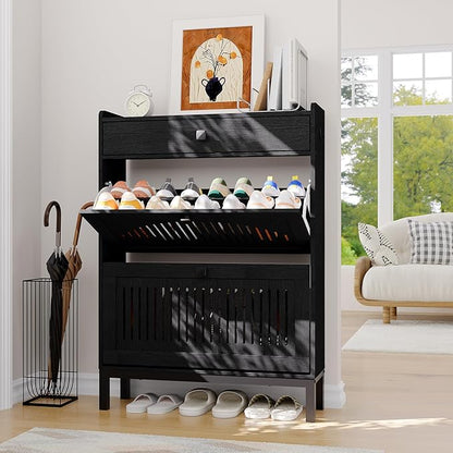 Garvee 2 Flip Drawer Shoe Cabinet with Adjustable Shelves, Hidden Shoe Organizer with Top Drawer, Freestanding Wooden Shoe Rack for Entryway, Hallway, Living Room, Black