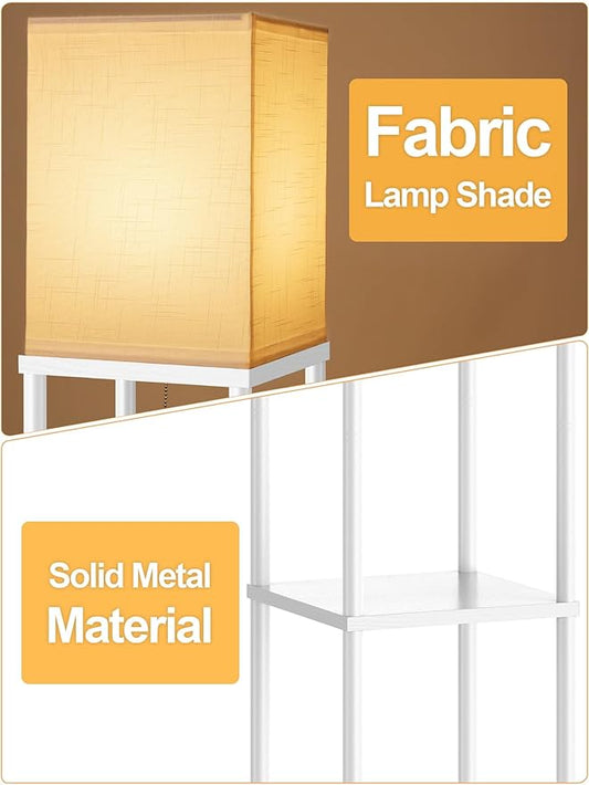 Floor Lamp with Shelves for Living Room White, Shelf Floor Lamp with 3 CCT LED Bulb, Corner Display Standing Column Lamp Etagere Organizer Tower Nightstand with White Linen Shade for Bedroom, Office