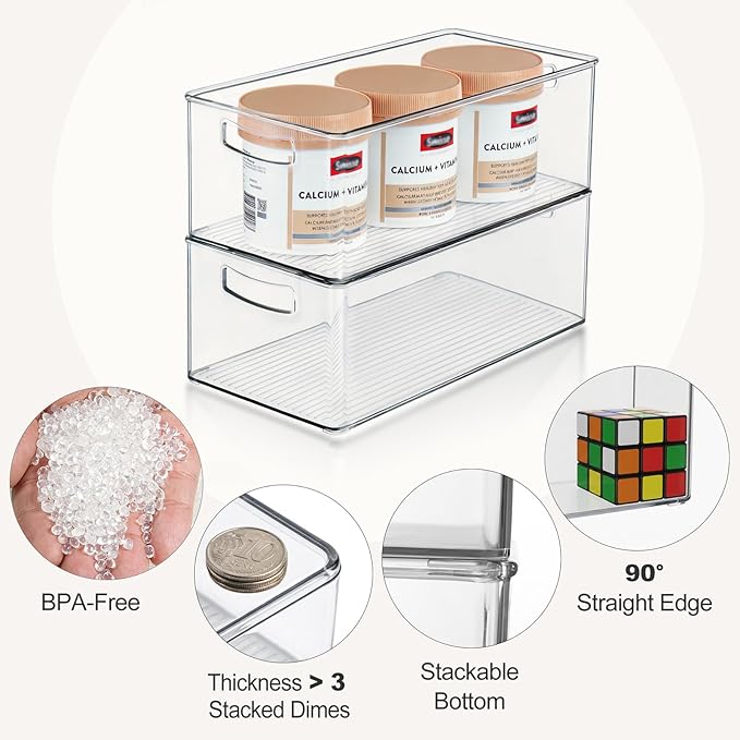 Hudgan 8 Pack Freezer Organizer Bins,Stackable,Clear Bins for Fridge,Pantry | Straight Side, 3 Sizes, 2 XL Storage Container, 3 Large Cabinet Organizer, 3 Medium Storage Drawer