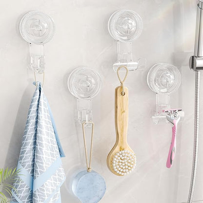 LUXEAR Suction Hooks,4 Pack 2razor Hooks 2 Single Hook Clear Removable & Reusable Vacuum Suction Hanger Waterproof Powerful Weather Hanger Hook for Towel Bathrobe Loofah Bathroom Kitchen Storage