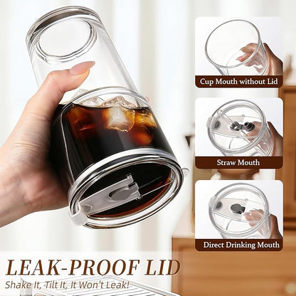 Iced Coffee Cups with Lids: Coffee Bar Accessories - Tumbler Leak Proof for To Go Iced Coffee Cups with Lids 4 Pack - 20 oz Glass Cups with Lids and Straws - Thickened Glass Tumbler with Straw and Lid