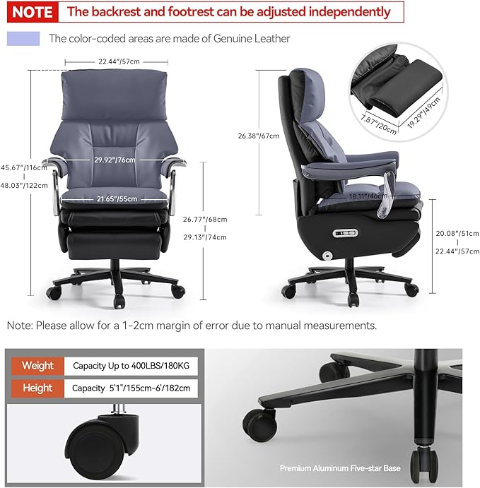 EMIAH Ergonomic Office Chair with Foot Rest Electric Executive Office Chair Reclining with Massage Big and Tall High Back Computer Chair with Wheels, Genuine Leather (Black)