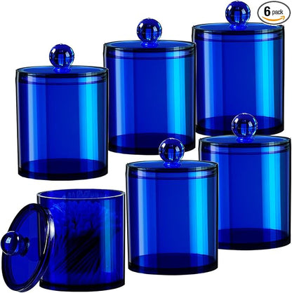 SheeChung 6-Pack Blue Acrylic Apothecary Jars - (3) 12oz & (3) 10oz Qtip Holder Set with Labels - Shatterproof Bathroom Vanity Organizer for Cotton Swabs, Balls, Pads - Coastal Decor