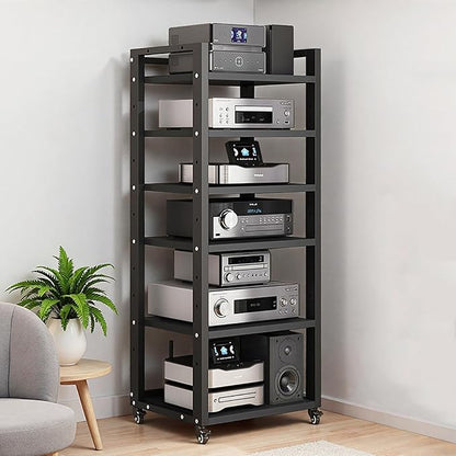 6 Tier AV Media Stand, 55in Audio Rack Tower Stereo Components Cabinet, Home Theatre CD Record Player Stereo Receiver Equipment Rack with Adjustable Wood Shelves, Load 400lbs (Black)
