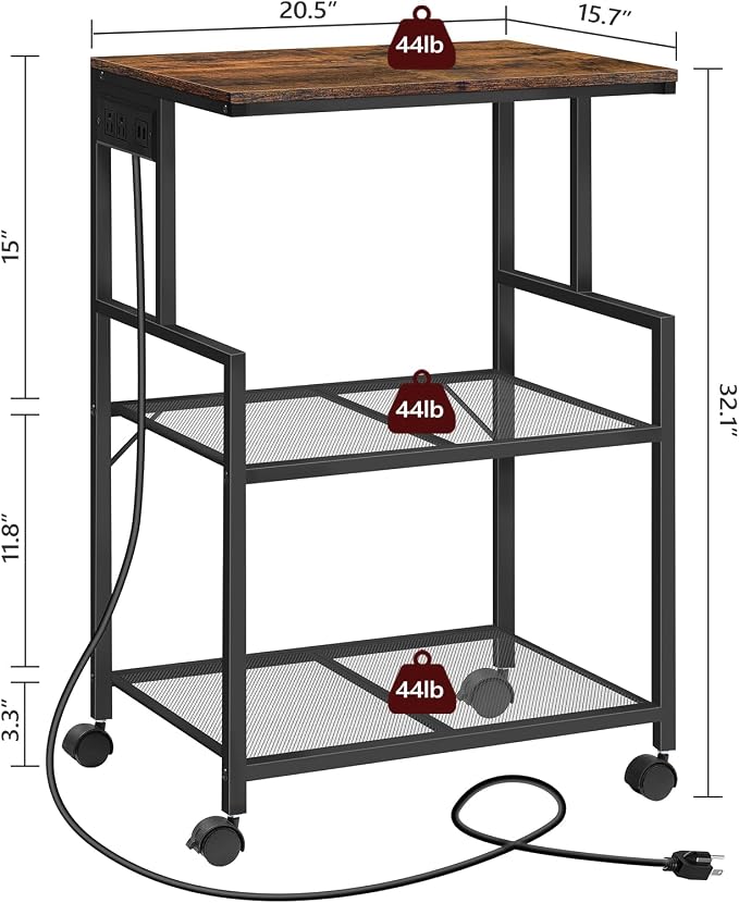 MAHANCRIS Mobile Printer Stand, 3-Tier Industrial Printer Cart with Power Outlets and 2 USB Ports, Rolling Printer Table on Wheels for Home Offices Kitchen Organization Rack, Rustic Brown PTHR78E01
