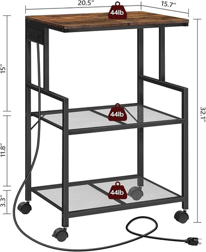 MAHANCRIS Mobile Printer Stand, 3-Tier Industrial Printer Cart with Power Outlets and 2 USB Ports, Rolling Printer Table on Wheels for Home Offices Kitchen Organization Rack, Rustic Brown PTHR78E01