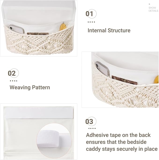 Mkono Macrame Bedside Caddy Storage Organizer Boho Remote Control Tablet Magazine Holder with 4 Pockets Non-slip Countertop Bedside Caddy for Home Bedroom Living Room College Dorm Bed, Ivory