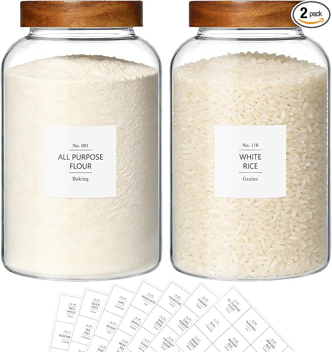 KEYWING 1 Gallon Large Glass Jars With Airtight Lid, 2Pcs Glass Food Storage Containers With Lids, Flour Rice Contianers for Pantry Kitchen Organization Egg Cookie Sugar Cereal (128 oz /3800ml)