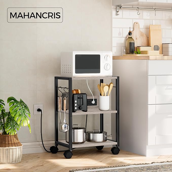 MAHANCRIS Industrial Printer Cart, 3-Tier Mobile Printer Stand, Rolling Cart with Power Outlets and USB Ports, Home Printer Stand with 2 Hooks, for Office, Living Room, Greige PTHG40E01