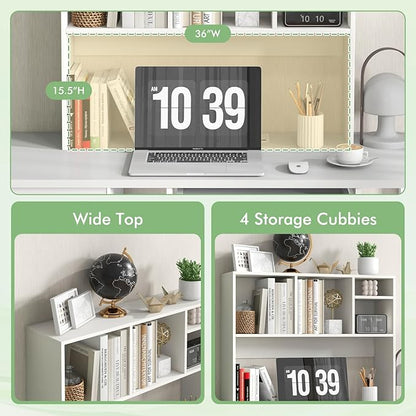 LDAILY Desktop Bookshelf, 2-Tier Office Desk Shelf Organizer with 4 Shelves, 37''L Wood Storage Rack Display Shelf for Office, College Dorm, Bedroom (White)