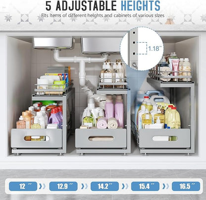 Under Sink Organizer Upgrade To Professional Rails,2-Tier Dual Pull Out Cabinet Storage,Height Adjustable Slide Out Drawers For Bathroom Kitchen,1 Pack-21"Dx12.8"-16.9"H,Gun Gray