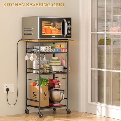 ThreeHio Rolling Kitchen Microwave Cart, 4 Tier Microwave Table Stand with Storage, Kitchen Storage Rack on Wheels, Coffee Station Cart Rack Shelf Organizer for Living Room Office, Balcony