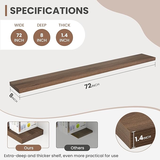 Acovy 72 Inch Floating Shelves, 8 Inch Deep Floating Shelves for Wall, Hanging Shelf with Invisible Brackets, Deep Shelves for Bathroom, Bedroom, Living Room, Walnut, Set of 1