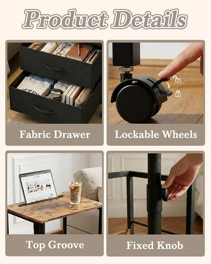 Faesun Swivel Lift Top Nightstand with Charging Station, Rolling Side Table for Recliner, Bedside Table with Wheels & 2 Fabric Drawers, for Small Spaces, for Bedroom, Living Room, Brown Black