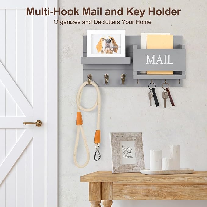 Mail Organizer for Wall Mount – Key Holder with Shelf Includes Letter Holder and Hooks for Hallway Farmhouse Decor – Rustic Wood with Flush Mounting Hardware (16.5” x 9.1” x 3.4”) (Gray)