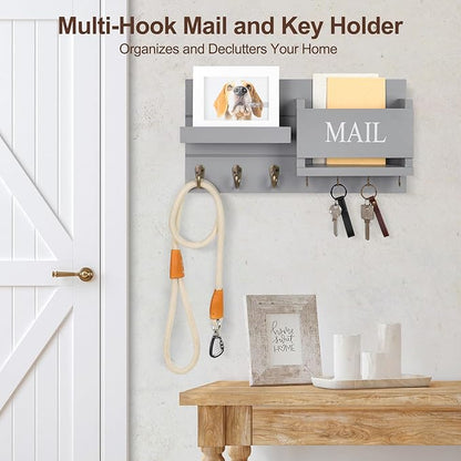 Mail Organizer for Wall Mount – Key Holder with Shelf Includes Letter Holder and Hooks for Hallway Farmhouse Decor – Rustic Wood with Flush Mounting Hardware (16.5” x 9.1” x 3.4”) (Gray)