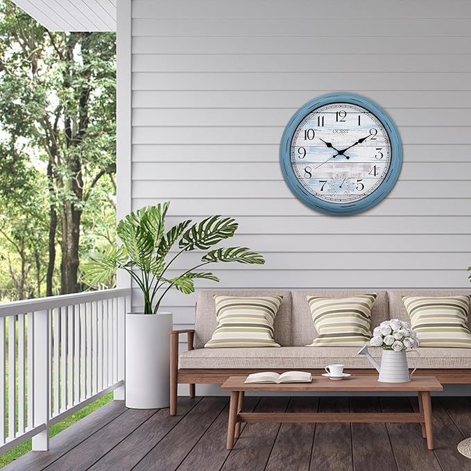 OCEST 16 Inch Indoor Outdoor Clock, Waterproof Large Wall Clock with Thermometer, Silent Non-Ticking Battery Operated Decor for Patio Pool Porch Garden Garage（Blue）