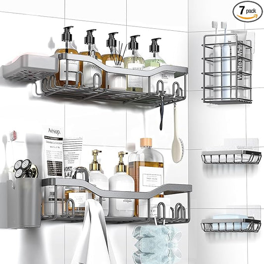 NESOMI Shower Caddy Adhesive Shower Organizer 7-Pack, Rustproof Stainless Steel Bathroom Shelves, Large Capacity No-Drill Rack Storage Accessories with Soap Dish Toothbrush Holder Hooks