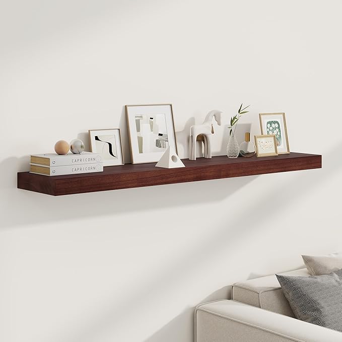 48" Solid Wood Floating Shelves, 9.3 Inch Deep Floating Shelves for Wall, Rustic Wooden Shelves for Wall Decor, Large Fireplace Mantel for Storage, Deep Floating shelf Set of 1, Red Brown