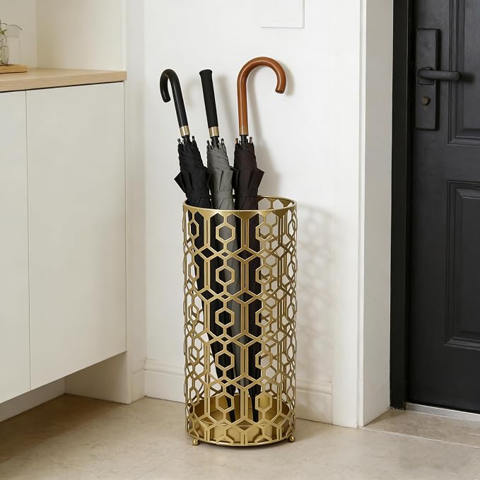 19" H Modern Metal Umbrella Stand for Entryway, Round Cane and Walking Stick Holder with Drip Tray, Elegant Home & Office Foyer Decor, Gold