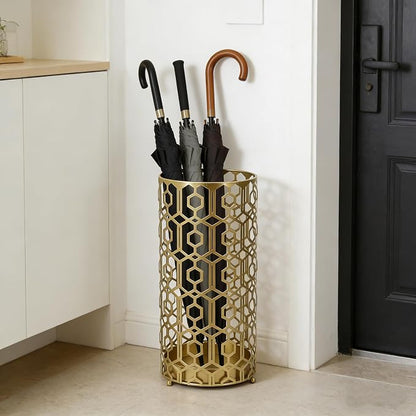 19" H Modern Metal Umbrella Stand for Entryway, Round Cane and Walking Stick Holder with Drip Tray, Elegant Home & Office Foyer Decor, Gold