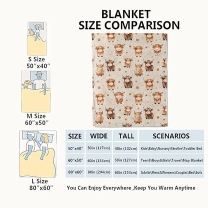 Cute Highland Cow Blanket,Adorable Cartoon Farm Animal Throw Blankets,Gifts for Kids,Lightweight Soft Fleece,for Picnic Sofa Couch Bed Room Travel,Birthday Rustic Farmhouse Decor,60x80in