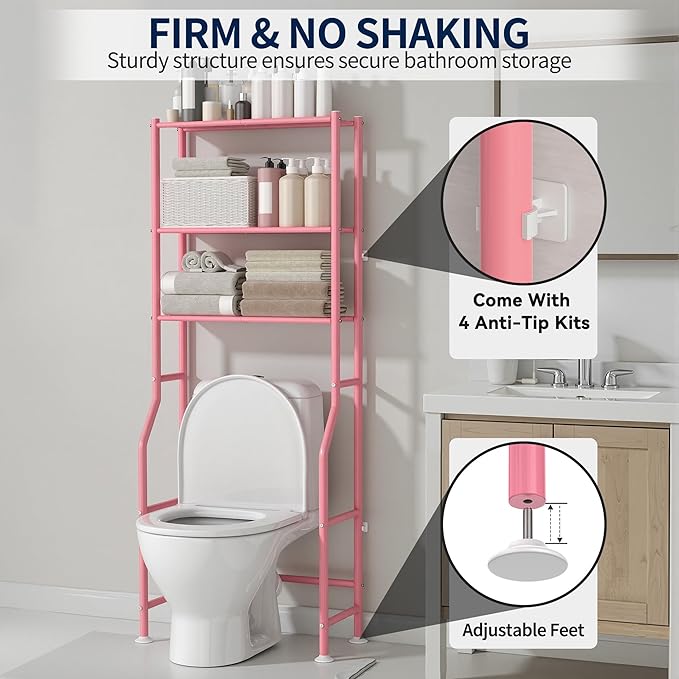 GloTika 3-Tier Over Toilet Storage Rack, Metal Over Toilet Bathroom Organizer Shelf, Freestanding Space Saver Storage Shelves for Bathroom/Laundry/Living Room (Pink)