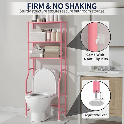 GloTika 3-Tier Over Toilet Storage Rack, Metal Over Toilet Bathroom Organizer Shelf, Freestanding Space Saver Storage Shelves for Bathroom/Laundry/Living Room (Pink)