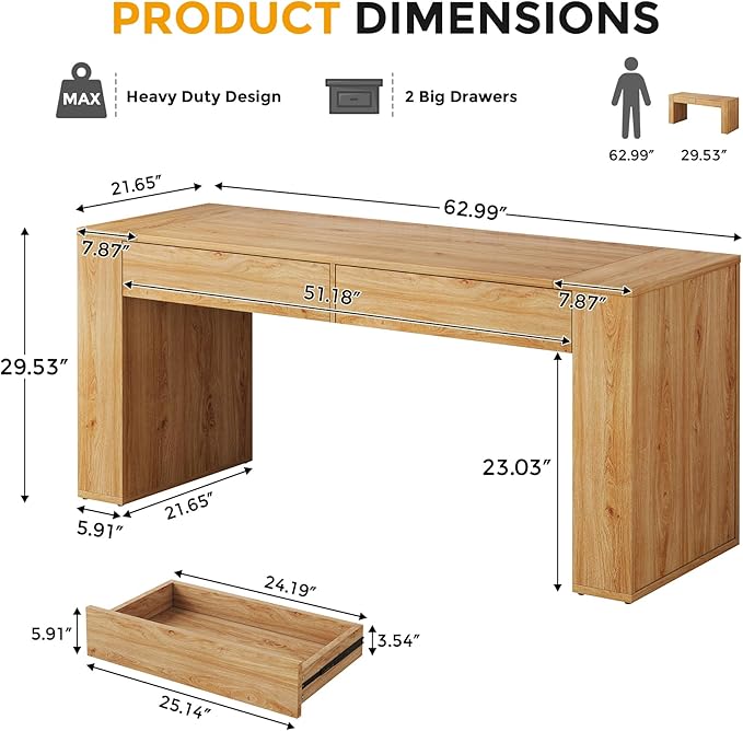 63-Inch Computer Desk with Storage, Farmhouse Home Office Desk with 2 Drawers, Wood Study Writing Table Workstation for Office, Study Room, Bedroom, Natural Oak