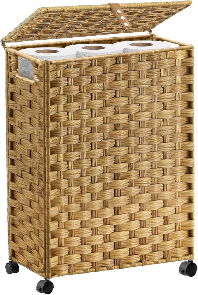 Toilet Paper Storage Basket with Lid and Wheels, Rattan Toilet Paper Holder Storage, Toilet Paper Organizer for Bathroom, Bedroom, Kitchen, 12.6”L x 7.1”W x 17.14”H, Naturall