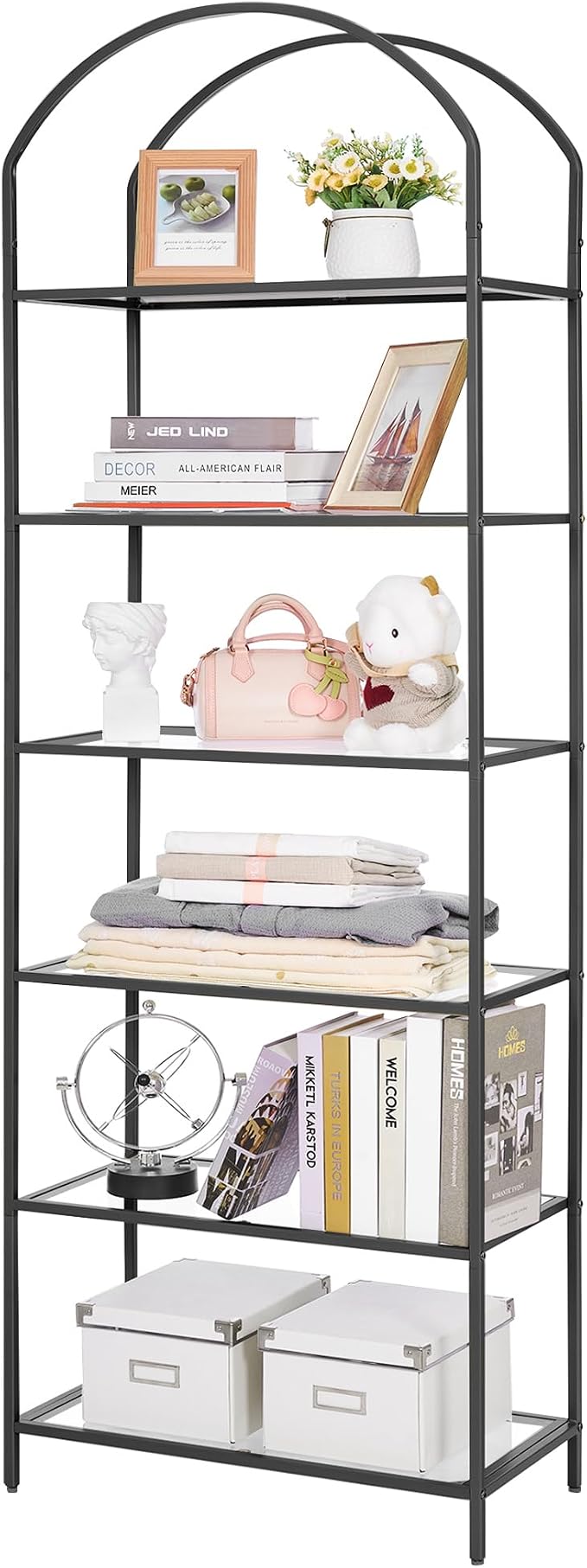 Homhedy Bookshelf Arched Display Racks,Metal Bookcase,Tempered Glass Shelves,Storage Rack Shelf for Home Office,Living Room,Bedroom, Bathroom,Modern Style (Black, 11.8" D x 23.6" W x 73.6" H)