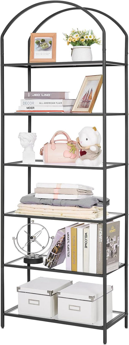 Homhedy Bookshelf Arched Display Racks,Metal Bookcase,Tempered Glass Shelves,Storage Rack Shelf for Home Office,Living Room,Bedroom, Bathroom,Modern Style (Black, 11.8" D x 23.6" W x 73.6" H)
