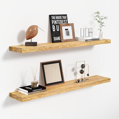 Howizz 24'' Pine Wood Floating Shelves for Wall- Set of 2 - Rustic Wall Mounted Wooden Shelf for Stylish Home Décor - Natural Color - 24x6.5x1.25 Inches, 2pcs