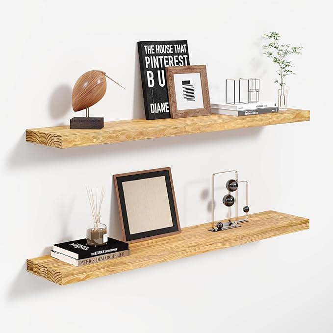 Howizz 36'' Pine Wood Floating Shelves for Wall- Set of 2 - Rustic Wall Mounted Wooden Shelf for Stylish Home Décor (Natural, 36x6.5x1.25) - 2pcs