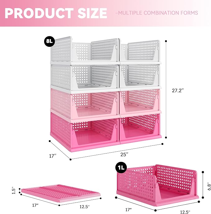 Pink Girl Closet Organizers and Storage Stackable Plastic Drawer Basket for Clothing Stackable Storage Bins Shelf Storage Container for RV Closet Wardrobe Bedroom Bathroom Playroom 8 Pack