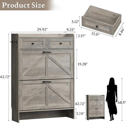Shoe Storage Cabinet for Entryway, Farmhouse Narrow Shoe Cabinet with 2 Flip Drawers & Top Drawers, Adjustable Shelves & Hooks, Freestanding Hidden Rack Organizer for Hallway, Foyer