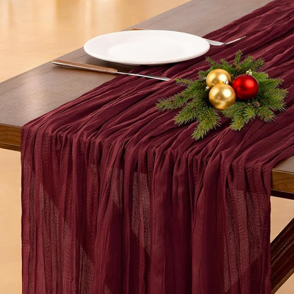 Socomi Burgundy Red Valentine's Day Table Runner Cheesecloth Boho Rustic Gauze 120 inch 10FT Cheese Cloth Runner for Wedding Party Baby Shower Birthday Home Decor Holiday Decorations