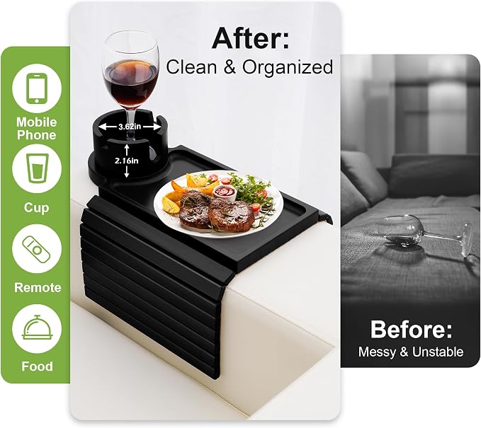 Couch Cup Holder Tray - 3 in 1 Sofa Arm Tray with 360° Rotating Cup Holder & Phone Stand,Fits Various Couches Arm Widths - Anti-Slip Foldable Couch Arm Tray for Snacks, Cellphone Remote