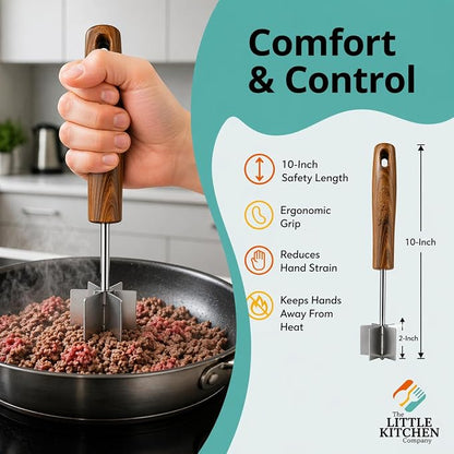 Large Stainless Steel Meat Chopper, Masher & Cocktail Muddler | Dishwasher Safe | 6-Blade Chopper Tool | Oversized Ergonomic Handle | Heat Resistant Grip (Walnut Wood Veneer 10")