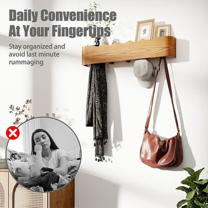 Coat Rack Wall Mount with Shelf 5 Hidden Hooks Modern Wooden Key Holder Entryway Organizer for Hallway Bedroom Bathroom Home Decor Storage for Hanging Coats Hats Bags Towels, Wave-Shape Oak